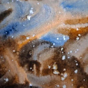 Galaxy — original watercolor painting by Iqra with swirling blue and copper tones and white starry speckles on A6 paper, ArtByIqra